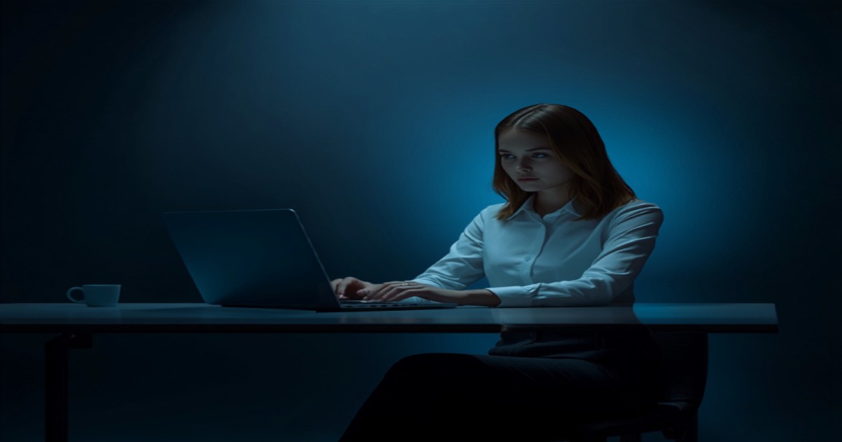 Creadora de contenido gestionando desde su laptop una solicitud de retirada DMCA, concentrada y organizada
