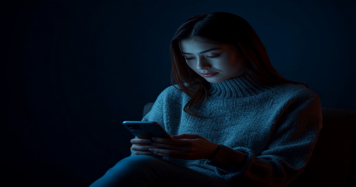 Creadora de contenido en casa revisando con calma su teléfono para saber si su contenido está filtrado